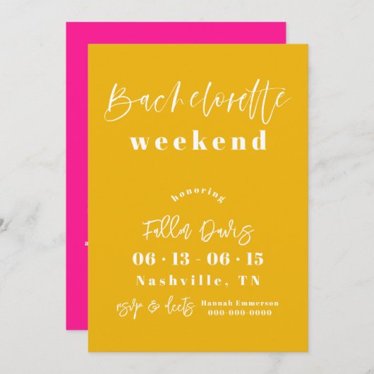 Vet Geel en Heet Roze Vrijgezellenuitnodiging Feestdagenkaart (Voorkant / Achterkant)