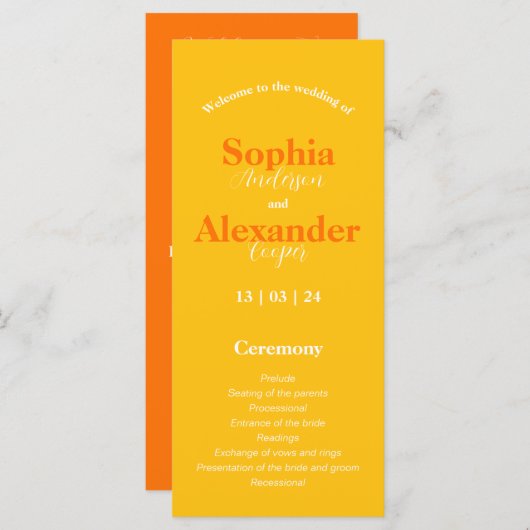 Vet Geel en Oranje Kleurrijk Trouwprogramma (Voorkant / Achterkant)