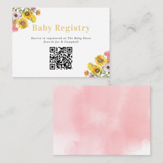 Vet Geel en Roze Bloemen Baby QR-code register Informatiekaartje (Voorkant / Achterkant)