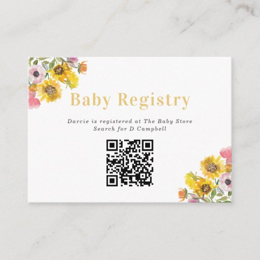 Vet Geel en Roze Bloemen Baby QR-code register Informatiekaartje (Voorkant)
