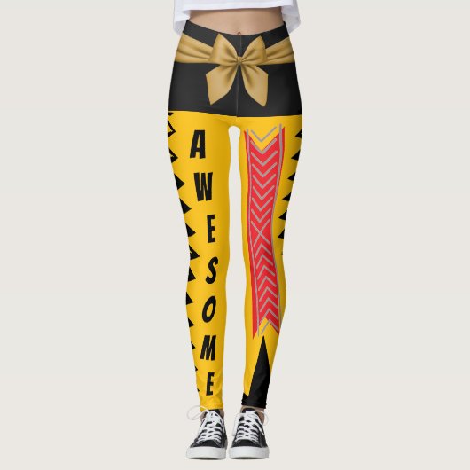 Vet Geel en Zwart Abstract Gold Bow Design Leggings (Voorkant)