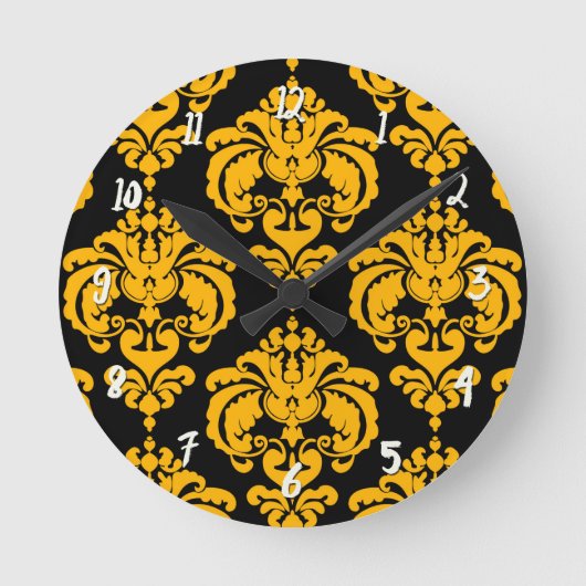 Vet Geel en zwart Damask Modern, gepersonaliseerd Ronde Klok (Voorkant)