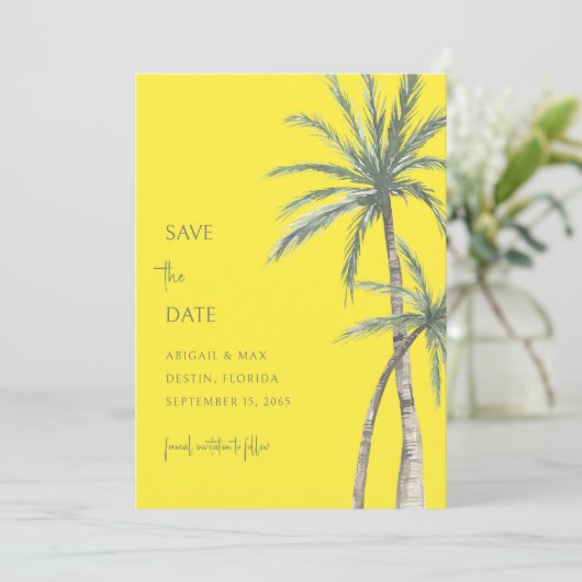 Vet Geel Palm Tree Destination Save the Date (Staand voorkant)