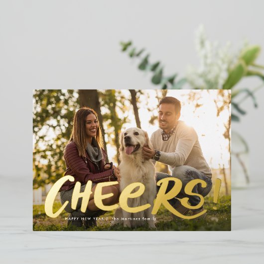 Vet gejuich eenvoudige leuke vrolijke nieuwjaarsfo folie feestdagenkaart (Staand Voorkant)