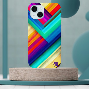 Vet Gekleurd Streepontwerp met Chevron & Initialen iPhone 15 Case