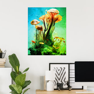 Vet gekleurde groene doorzichtige paddenstoelen op poster