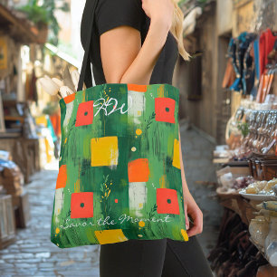 Vet geometrisch patroon met rood, geel en groen tote bag