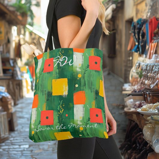 Vet geometrisch patroon met rood, geel en groen tote bag