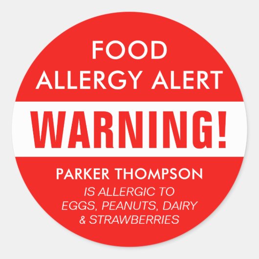 Vet Gepersonaliseerd Voedsel Allergie Alert Kinder Ronde Sticker (Voorkant)