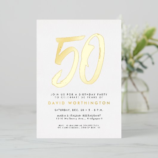 Vet goud elegant 50e verjaardag viering invitat folie uitnodiging (Staand Voorkant)