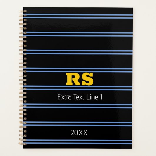 Vet Goud Monogram, Naam, Blauwe Lijnen op Zwart Planner (Voorkant)