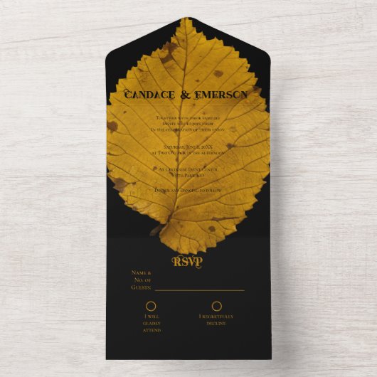 Vet Gouden Herfstblad Alles in Een Bruiloft Uitnod All In One Uitnodiging (Binnen)