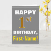 Vet, Grijs, Faux Gold 1e Verjaardag w / Naam Kaart (Gele Bloem)