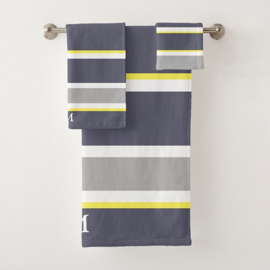 Vet grijs geel stripe monogram handdoekset bad handdoek (Insitu)
