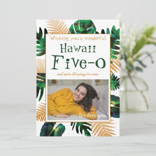 Vet groen bladeren goud Hawaii vijf-0 50ste verjaa Kaart (Staand voorkant)