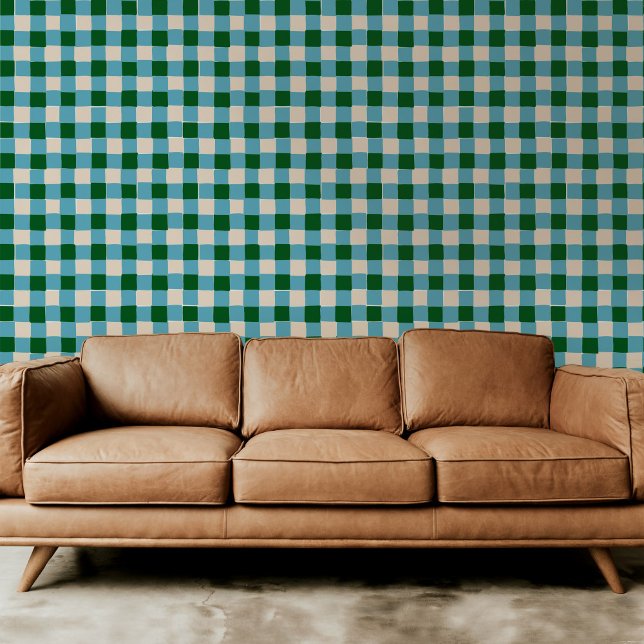 Vet Groen en Blauw Geruit geruit Plaid Behang (Boild green and blue hand-drawn checkered plaid peel and stick wallpaper.)