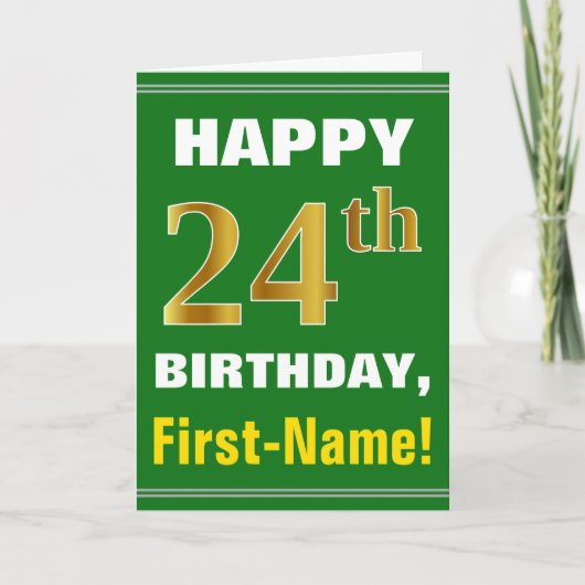 Vet, groen, Faux Gold 24th Birthday met naam Kaart (Voorkant)