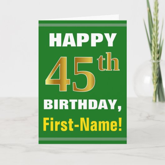 Vet, groen, Faux Gold 45th Birthday met naam Kaart (Voorkant)