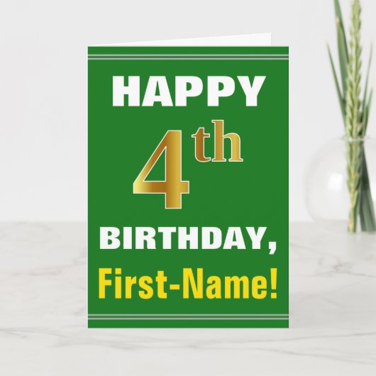 Vet, groen, Faux Gold 4th Birthday met naam Kaart (Voorkant)