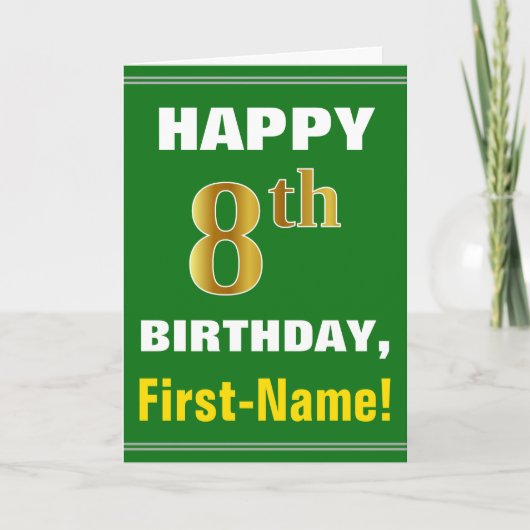 Vet, groen, Faux Gold 8th Birthday met naam Kaart (Voorkant)