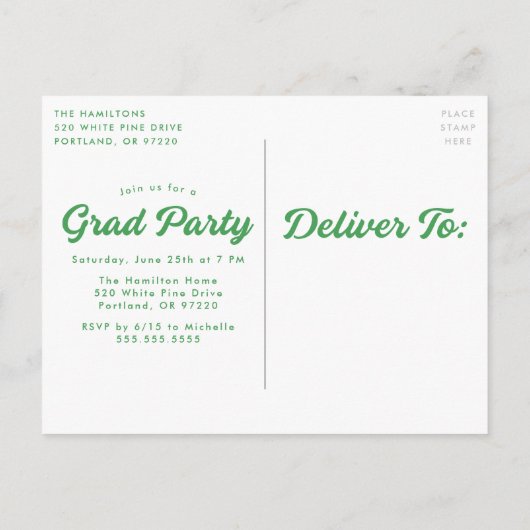 Vet Groen Script Foto Graduation Party Uitnodiging Briefkaart (Achterkant)