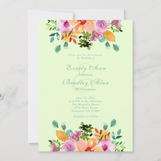 Vet Groen Sinaasappel Roze Waterverf Bloemen Bruil Kaart (Voorkant)