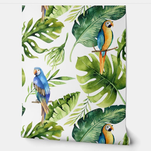 Vet Groen Tropisch Bladeren met Kleurrijke Papegaa Behang (Afrollen)