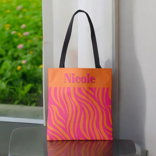 Vet heet roze en oranje abstract met naam tote bag
