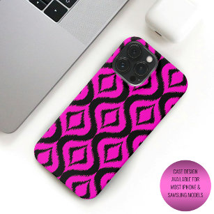 Vet Helder Heet Roze Zwart Ikat Ogee Art Patroon iPhone 15 Pro Max Hoesje