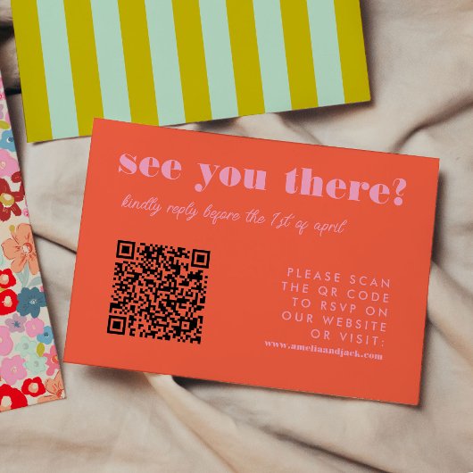 Vet Helder Rood En Roze QR Code RSVP Wedding Kaartje