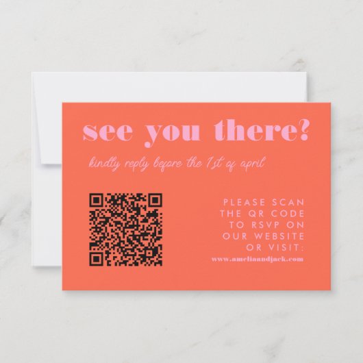 Vet Helder Rood En Roze QR Code RSVP Wedding Kaartje (Voorkant)