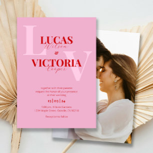 Vet Helder Roze en Rode Foto Wedding Kaart