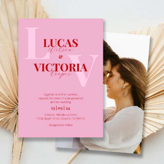 Vet Helder Roze en Rode Foto Wedding Kaart