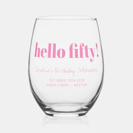 Vet Helder Roze Modern 50ste Verjaardag Custom Wijnglas Zonder Voet (Voorkant)