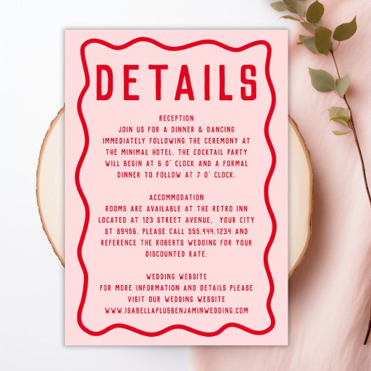 Vet Helder Roze Rood Squiggle Wavy Retro Bruiloft Informatiekaartje