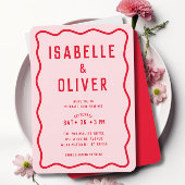 Vet Helder Roze Rood Squiggle Wavy Retro Bruiloft Kaart