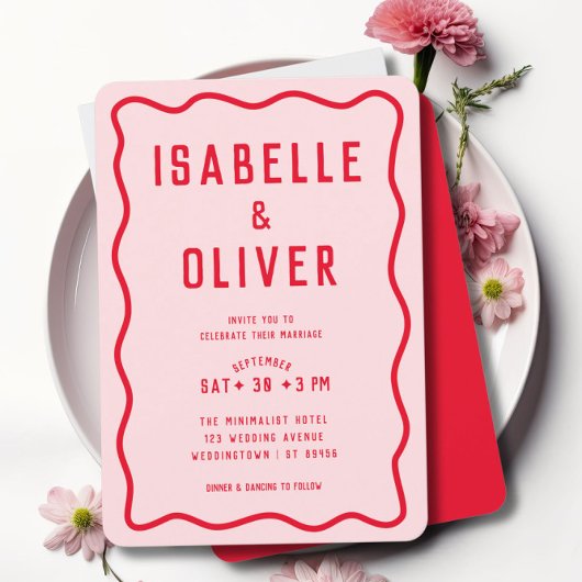 Vet Helder Roze Rood Squiggle Wavy Retro Bruiloft Kaart