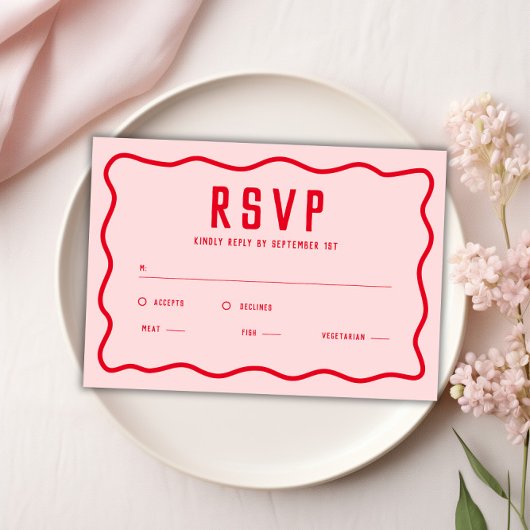 Vet Helder Roze Rood Squiggle Wavy Retro Curve RSVP Kaartje