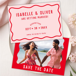 Vet Helder Roze Rood Squiggle Wavy Retro Foto Save The Date
