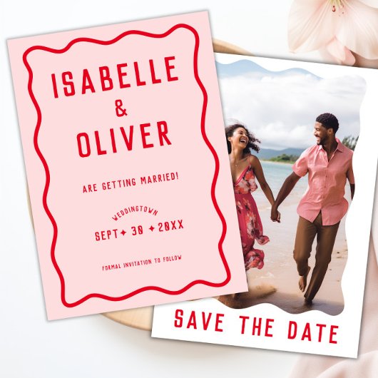 Vet Helder Roze Rood Squiggle Wavy Retro Foto Save The Date