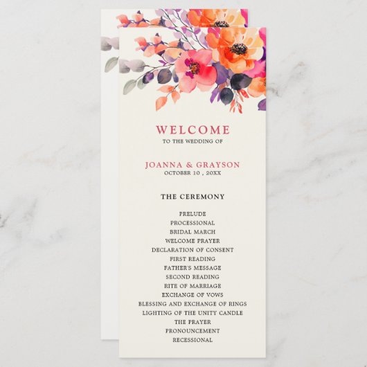 Vet Helder Roze Sinaasappel Waterverf Bloemen Huwe Programmakaart (Voorkant / Achterkant)