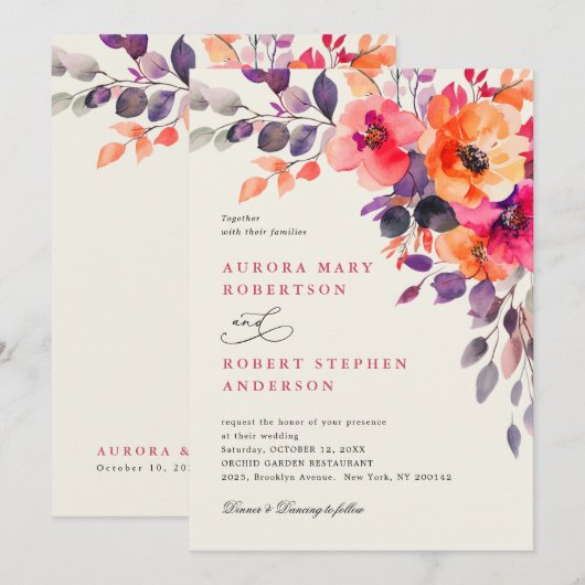 Vet Helder Roze Sinaasappel Waterverf Elegant Huwe Kaart (Voorkant / Achterkant)