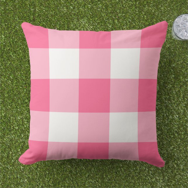 Vet Helder Roze Wit Groot Gingham Karo Buitenkussen (Gras)
