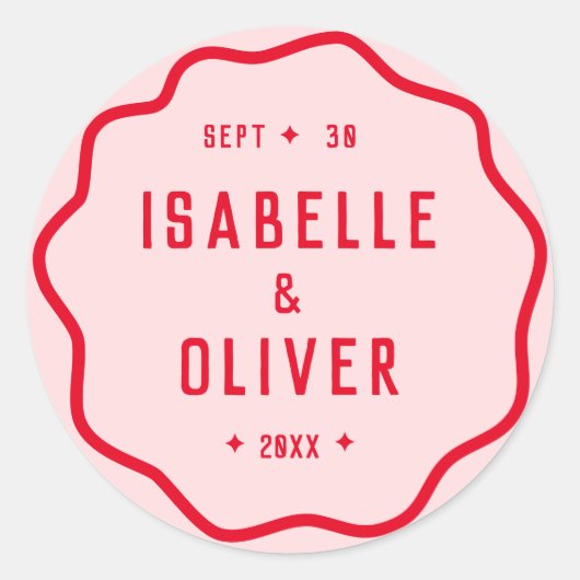 Vet heldere roze rode kronkelige golvende retro cu ronde sticker (Voorkant)