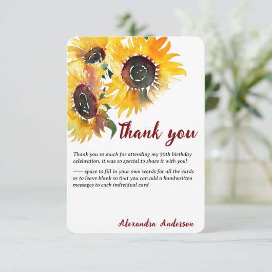 Vet Heldere Zonnebloem Waterverf Fabulous 50 Bedankkaart (Staand voorkant)