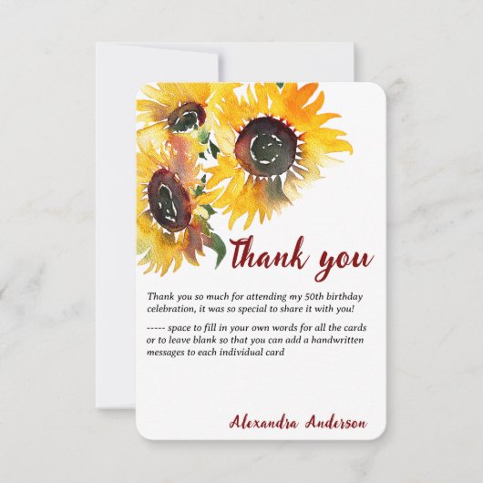 Vet Heldere Zonnebloem Waterverf Fabulous 50 Bedankkaart (Voorkant)