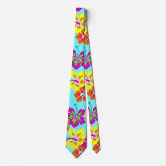 Vet Hibiscus Bloemenpatroon Aqua Bruiloft Stropdas (Voorkant)