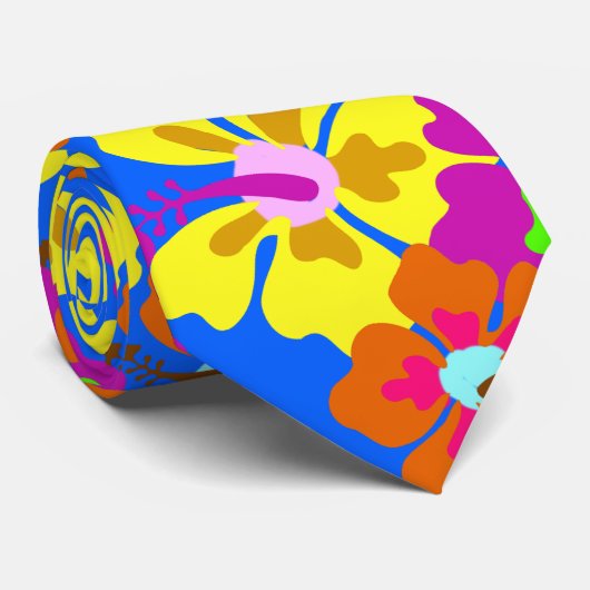 Vet Hibiscus Patroon Blauw Bruiloft Stropdas (Opgerold)