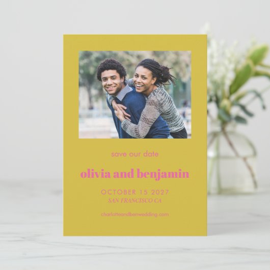 Vet Hot Pink Yellow Typografie Moderne foto Save The Date (Staand voorkant)