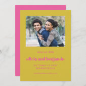Vet Hot Pink Yellow Typografie Moderne foto Save The Date (Voorkant / Achterkant)